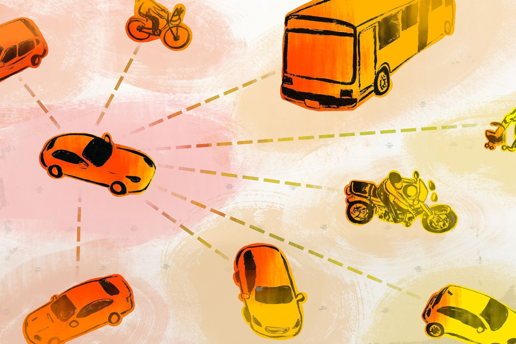 Eine Zeichnung mit Kraftfahrzeugen zum Thema E-Mobilität