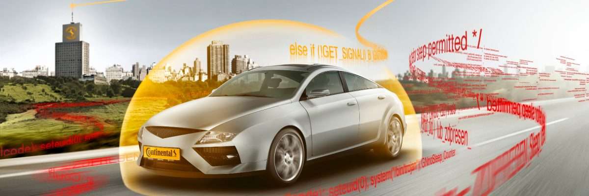 Auto mit Continental Schild fährt auf einer Landstraße in einer Blase.