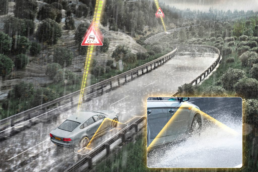 Technologie: Kameras erkennen ein spezifisches Spritz- und Sprühmuster der Reifen, das bereits sehr früh als beginnendes Aquaplaning identifiziert werden kann. © Continental AG /TRDmobil