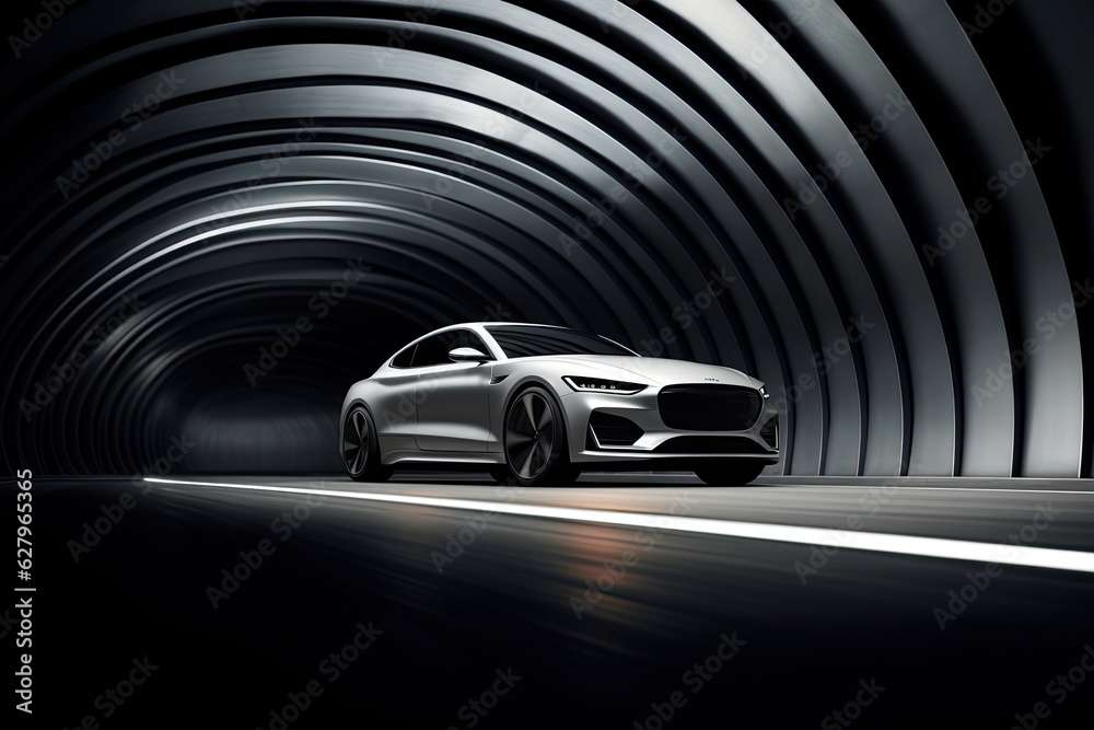 Conceptual image of a sports car driving through a tunnel. A striking image of a car parked in a tunnel, AI Generated