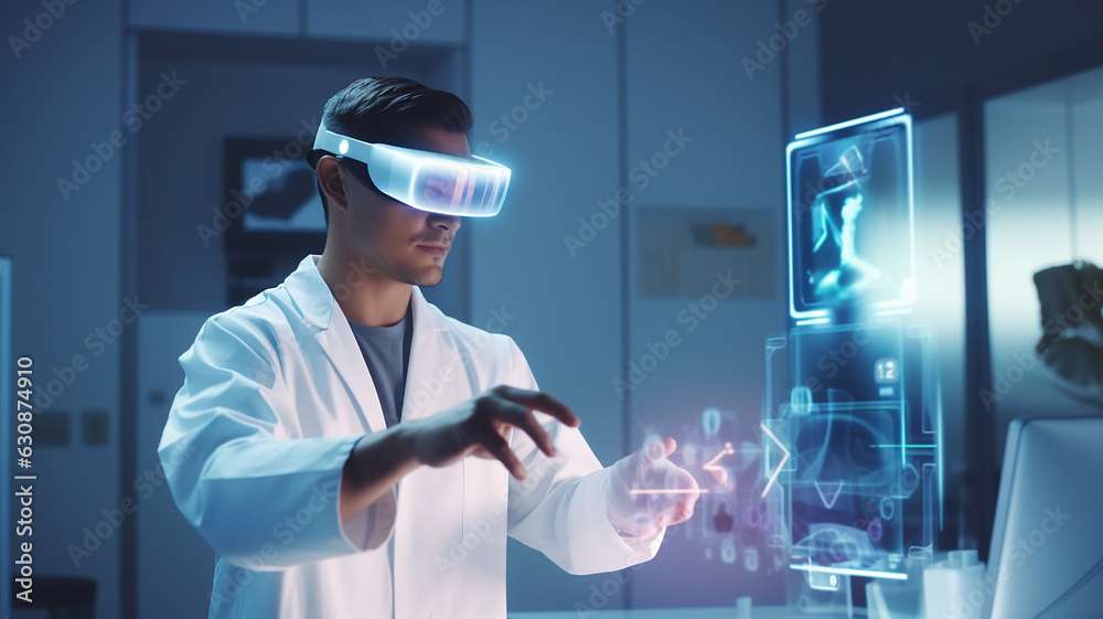 male doctor wearing virtual reality glasses to visualize the digital twin medical patient information model future operation vision