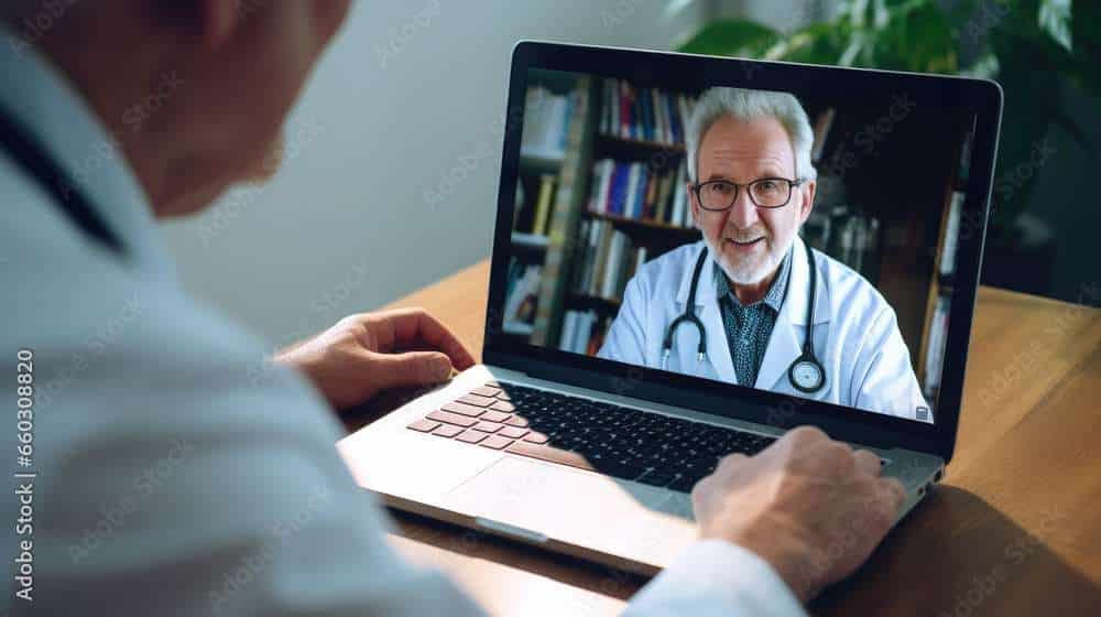 Ein Patient hält eine Videokonferenz von zu Hause aus mit seinem Arzt über den Laptop.  Diagnostik und Therapie mit Telemedizin im Gesundheitswesen.  Virtuelle Arztsprechstunde