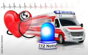Notruf 112 mit Rettungswagen, Blaulicht und Herz