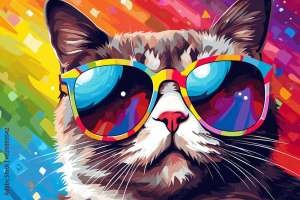 A holiday happy cat is smiling sunglasses with a colorful  background ; a vacation background or banner
