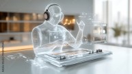 Transluzente KI-Figur mit Kopfhörern beim Musikmixing – Zukunft der Musikproduktion mit KI-Technologie