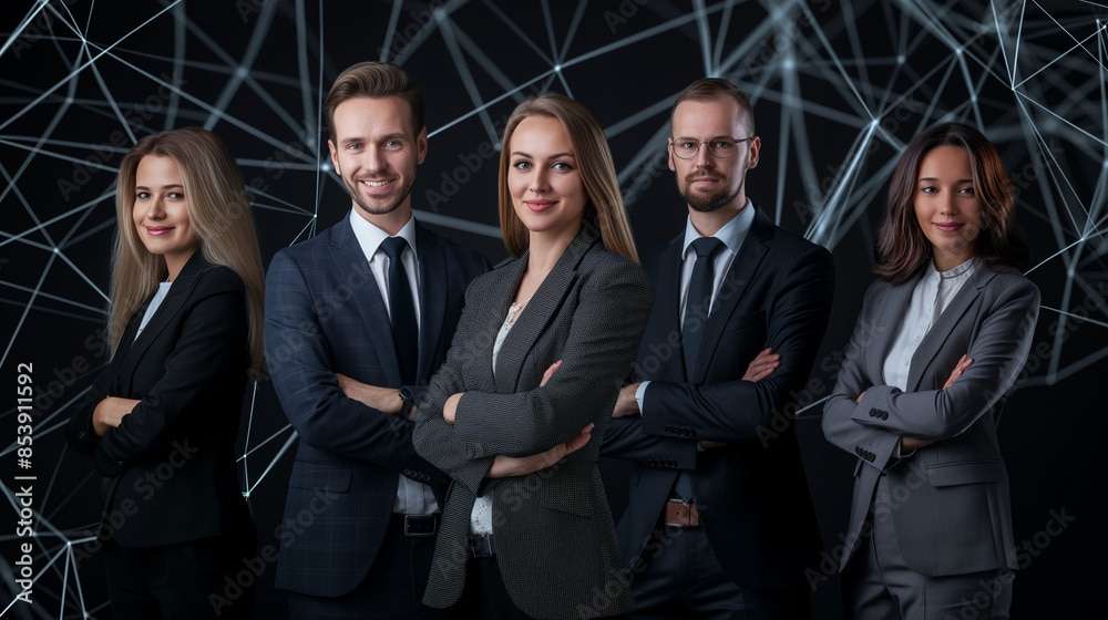 Business Personen Menschen stehen selbstbewusst und Posen Netzwerk Linien Punkte Management im Hintergrund Generative AI