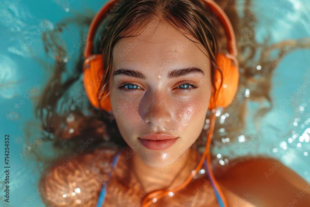 Frau mit Kopfhörern im Schwimmbad