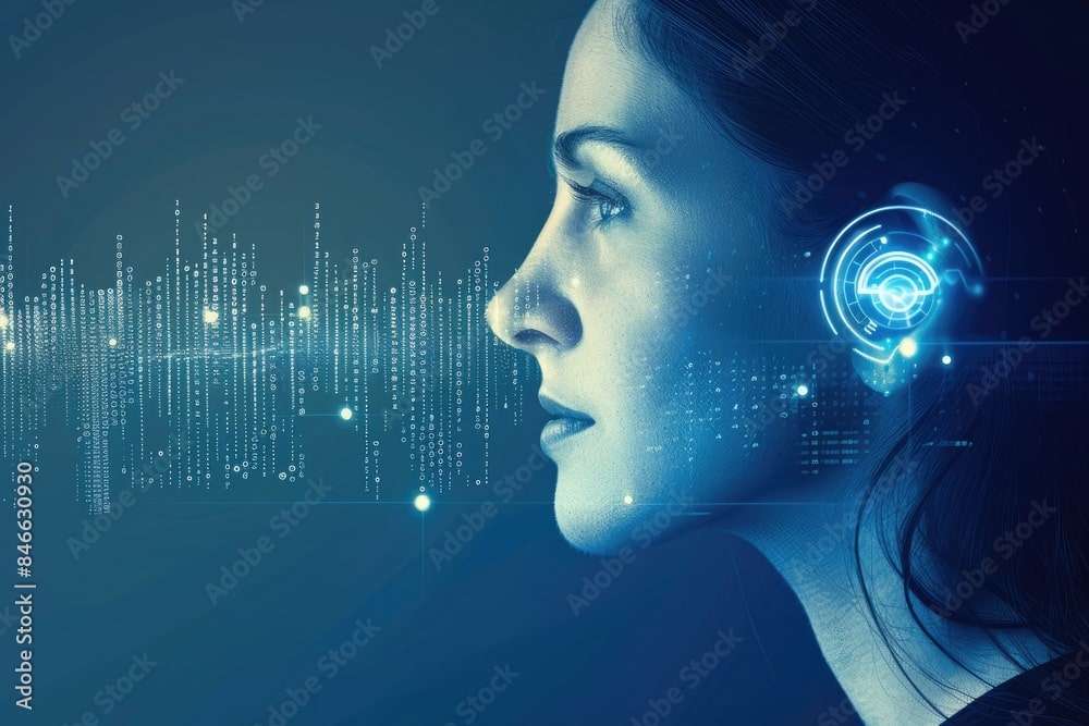 Human ear with sound waves simulation technology. Hearing test, hearing aids, ear disorders