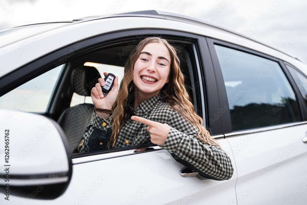 A young woman looking out of driver's seat window holding a key of new modern car. A cheerful excited female owner of new automobile showing a key looking at camera and smiling. View from outside.