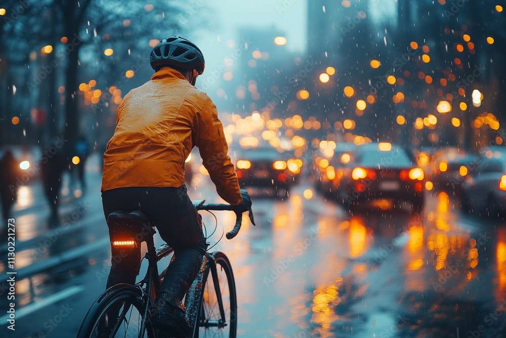Fahrradfahrer in der Stadt bei Abendlicht und Regen