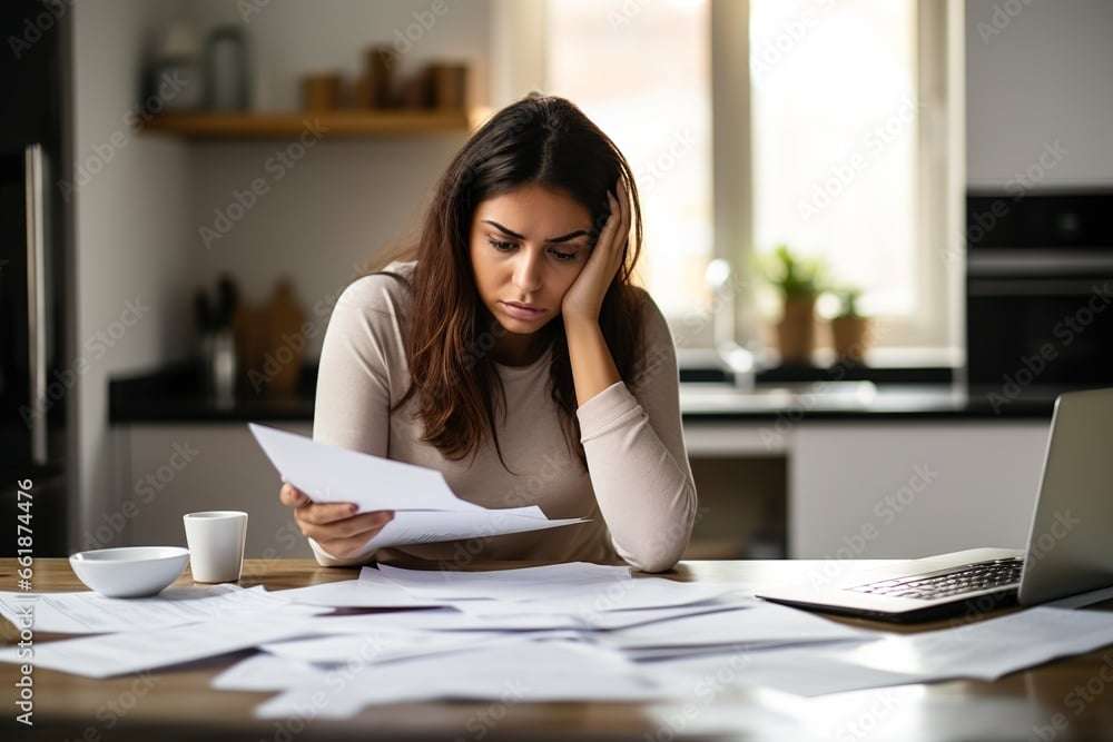Frau ist schockiert über Ihre Rechnungen. Zahlungen und finanzielle Verpflichtungen über Druck aus. Sie macht sich Gedanken über die Finanzen und Verträge und ist verzweifelt.