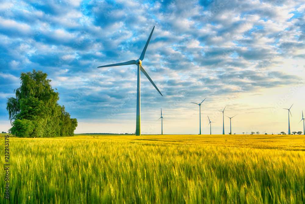 renewable energies - power generation with wind turbines in a wind farm